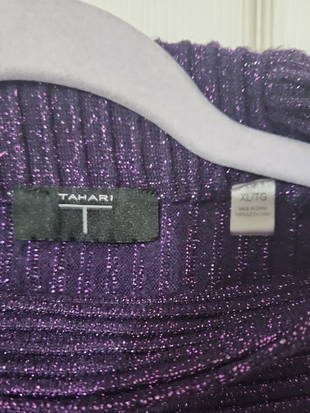Cozy Fall Holiday Going Out Tahari Purple Metallic Ribbed Turtleneck Sweater - Picture 2 of 6